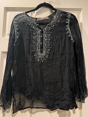 Margaret Loves Peter Beaded/Bedazzled Silver Black Long-Sleeve Tunic Top